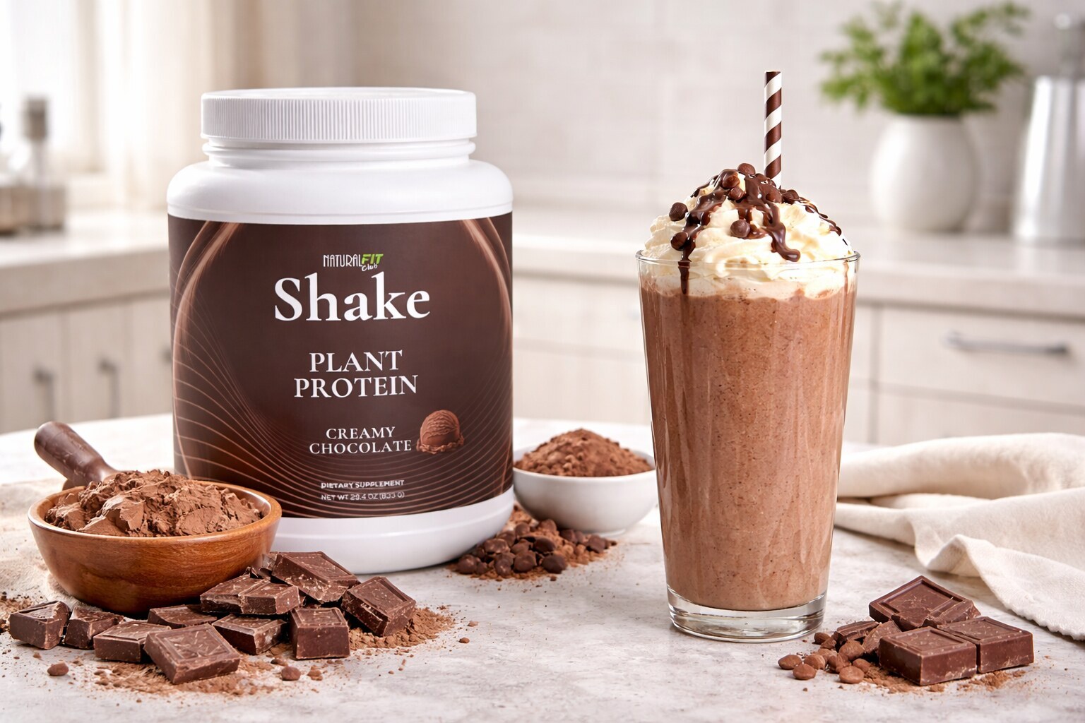 Natural Fit Club SHAKE Chocolate plant protein — hero lifestyle shot with tub and shake glass