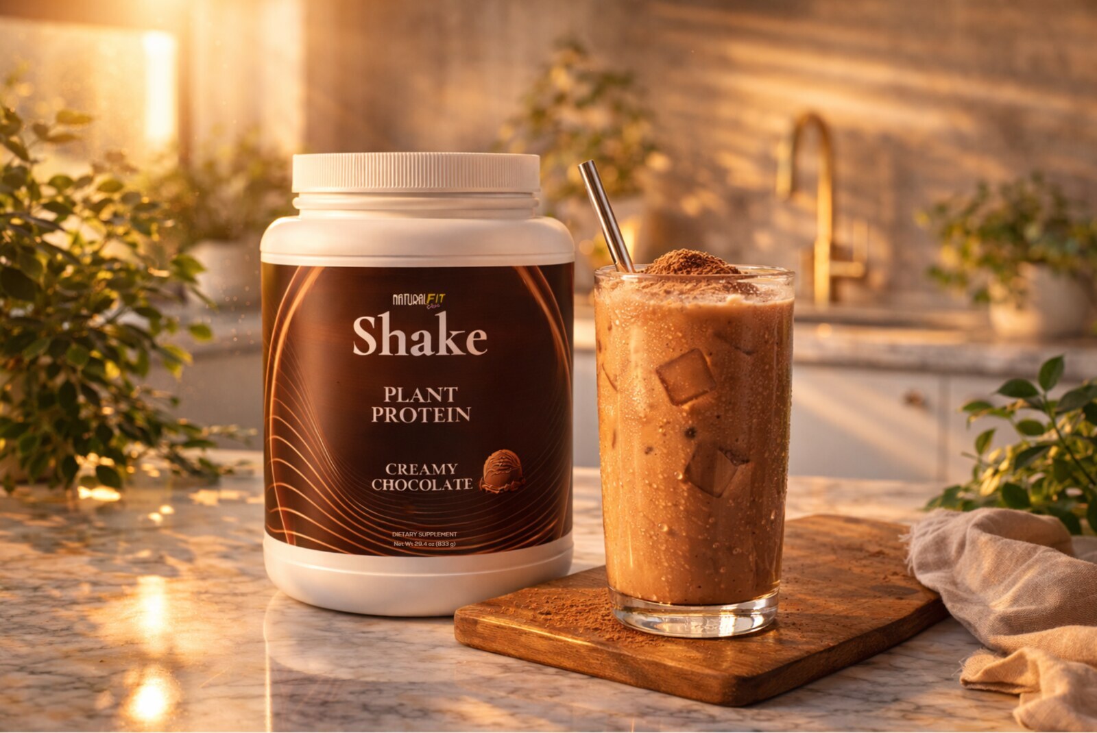 Natural Fit Club SHAKE Creamy Chocolate plant protein — 21g protein per serving, dairy-free, soy-free, no added sugar