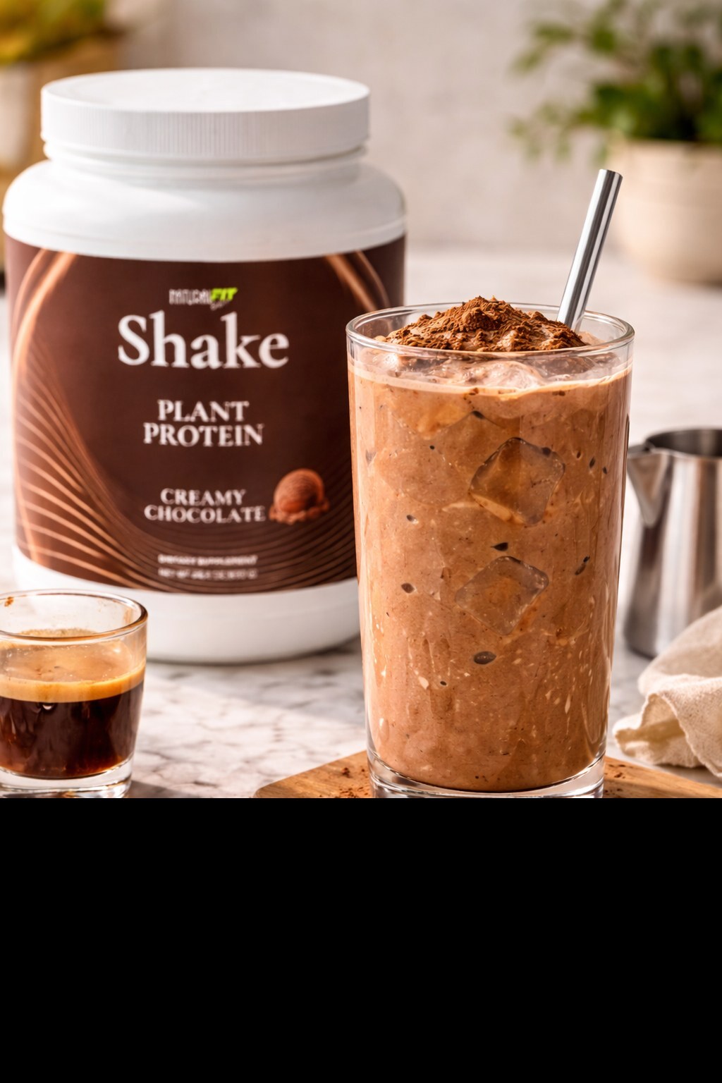 Natural Fit Club SHAKE Chocolate plant protein — golden hour kitchen lifestyle shot, part of a clean daily wellness routine