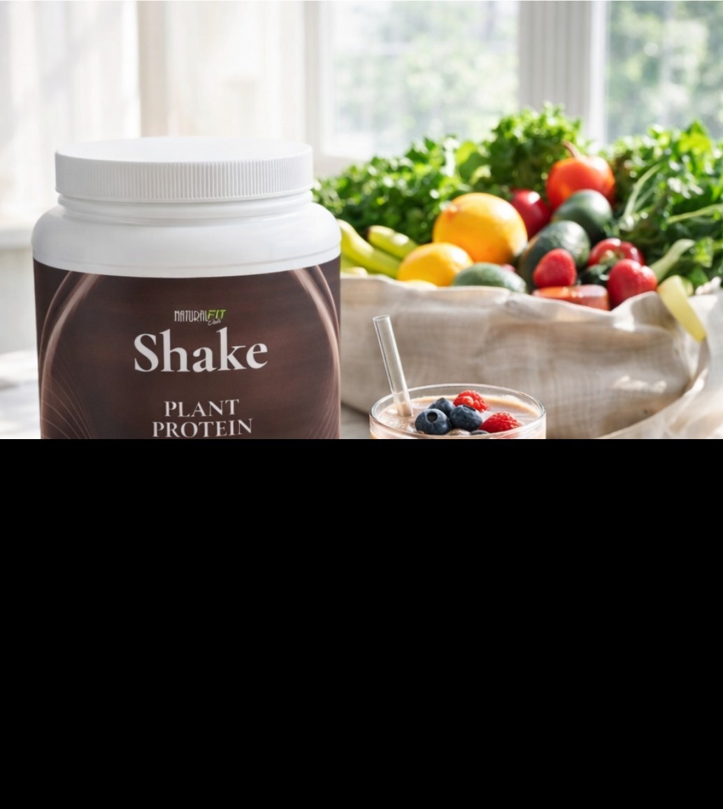 Natural Fit Club SHAKE Chocolate plant protein tub surrounded by wholesome clean ingredients — fava bean, cocoa, MCT oil