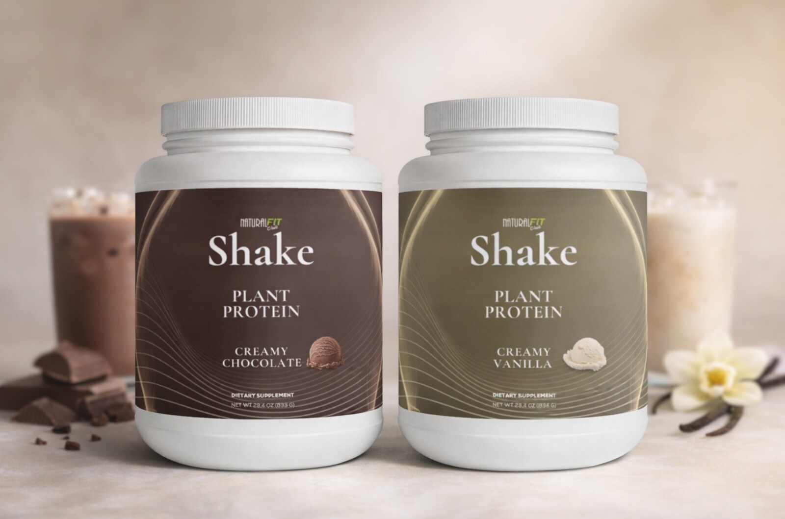 Natural Fit Club SHAKE plant protein bundle — Chocolate and Vanilla tubs hero