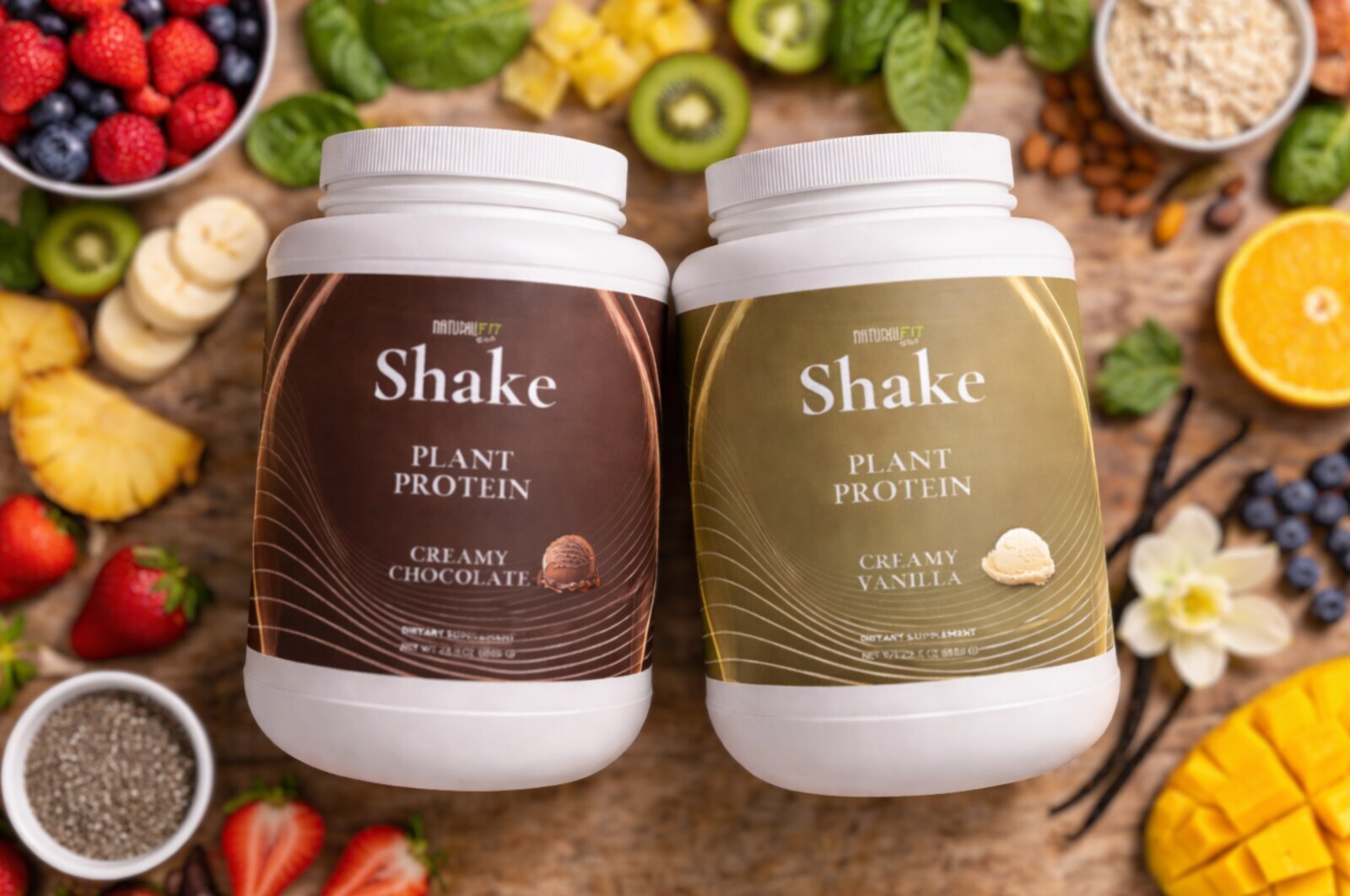 Natural Fit Club SHAKE plant protein Chocolate and Vanilla tubs — 21g protein per serving, dairy-free, soy-free, gluten-free