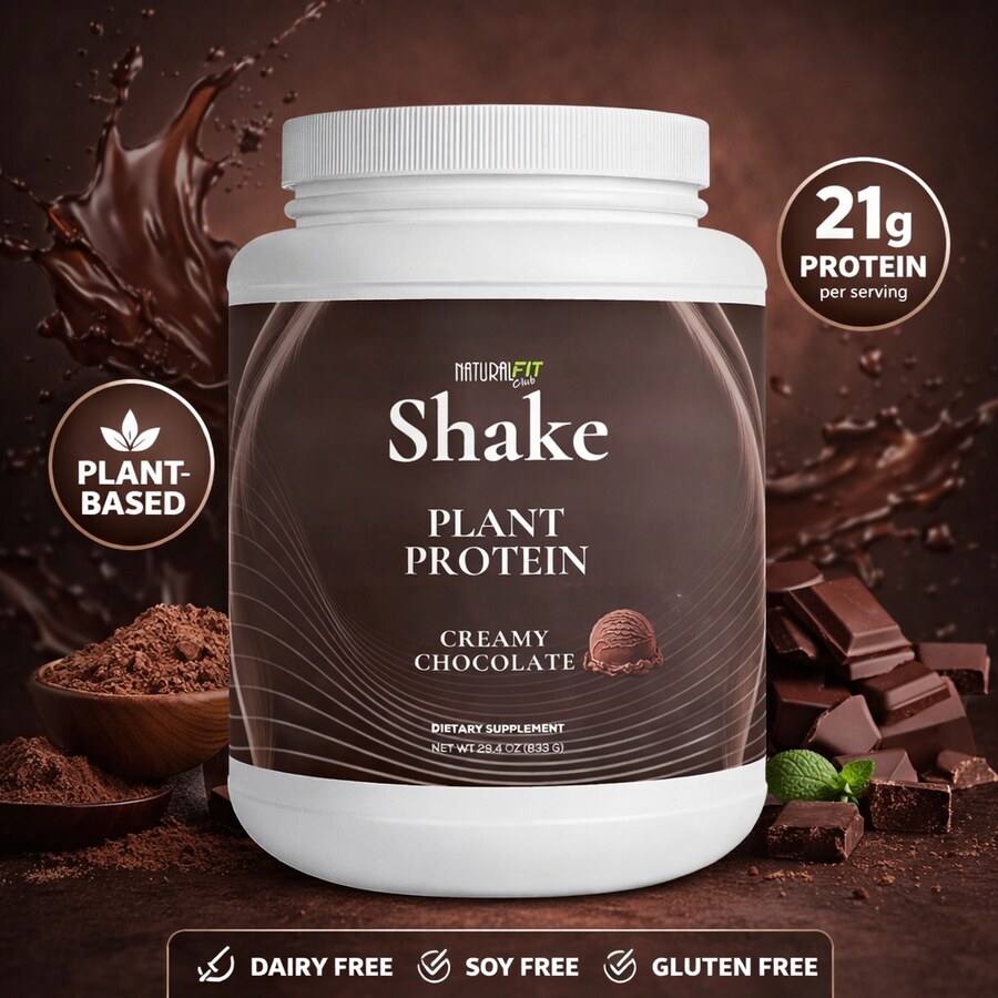 Natural Fit Club SHAKE Creamy Chocolate protein tub — 30 servings, 21g plant protein per scoop
