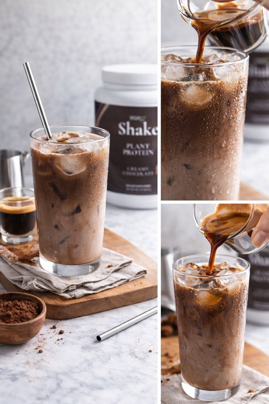 Natural Fit Club SHAKE Chocolate plant protein prepared and served in a glass — ready to drink, no added sugar