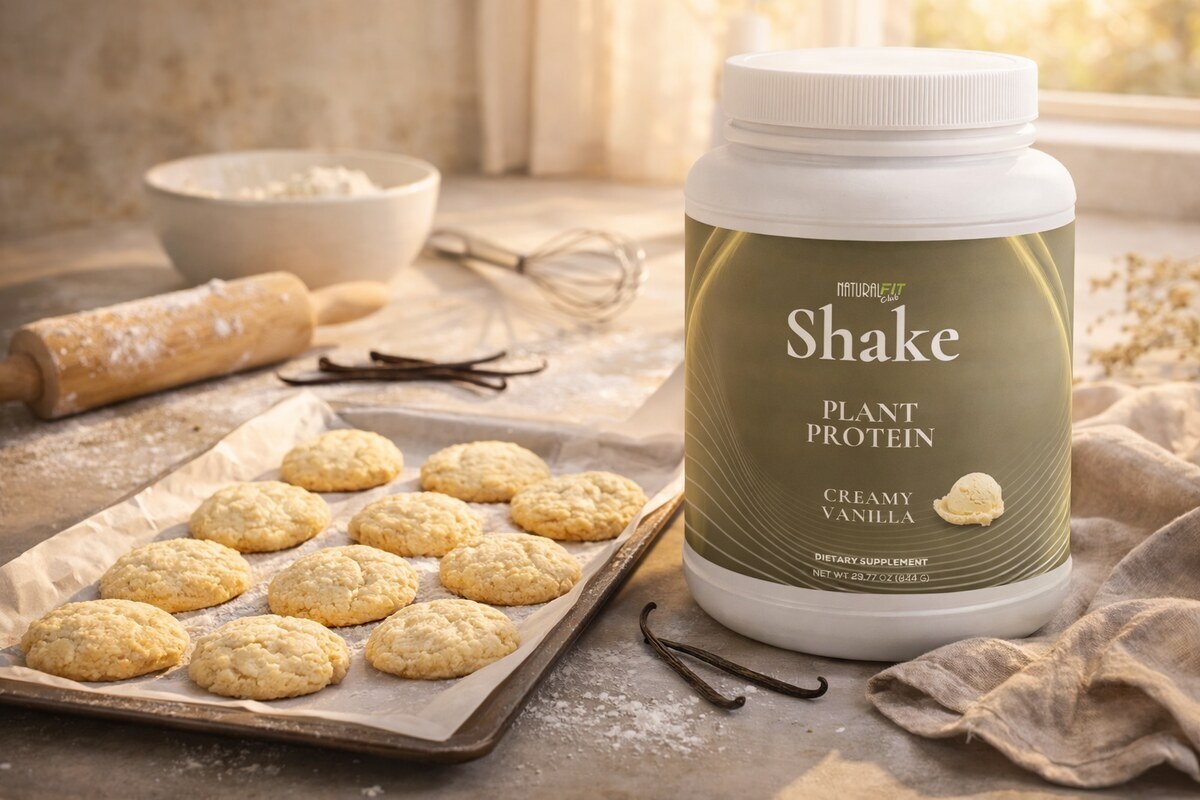 Natural Fit Club SHAKE Vanilla plant protein — active healthy lifestyle, morning routine with clean ingredients
