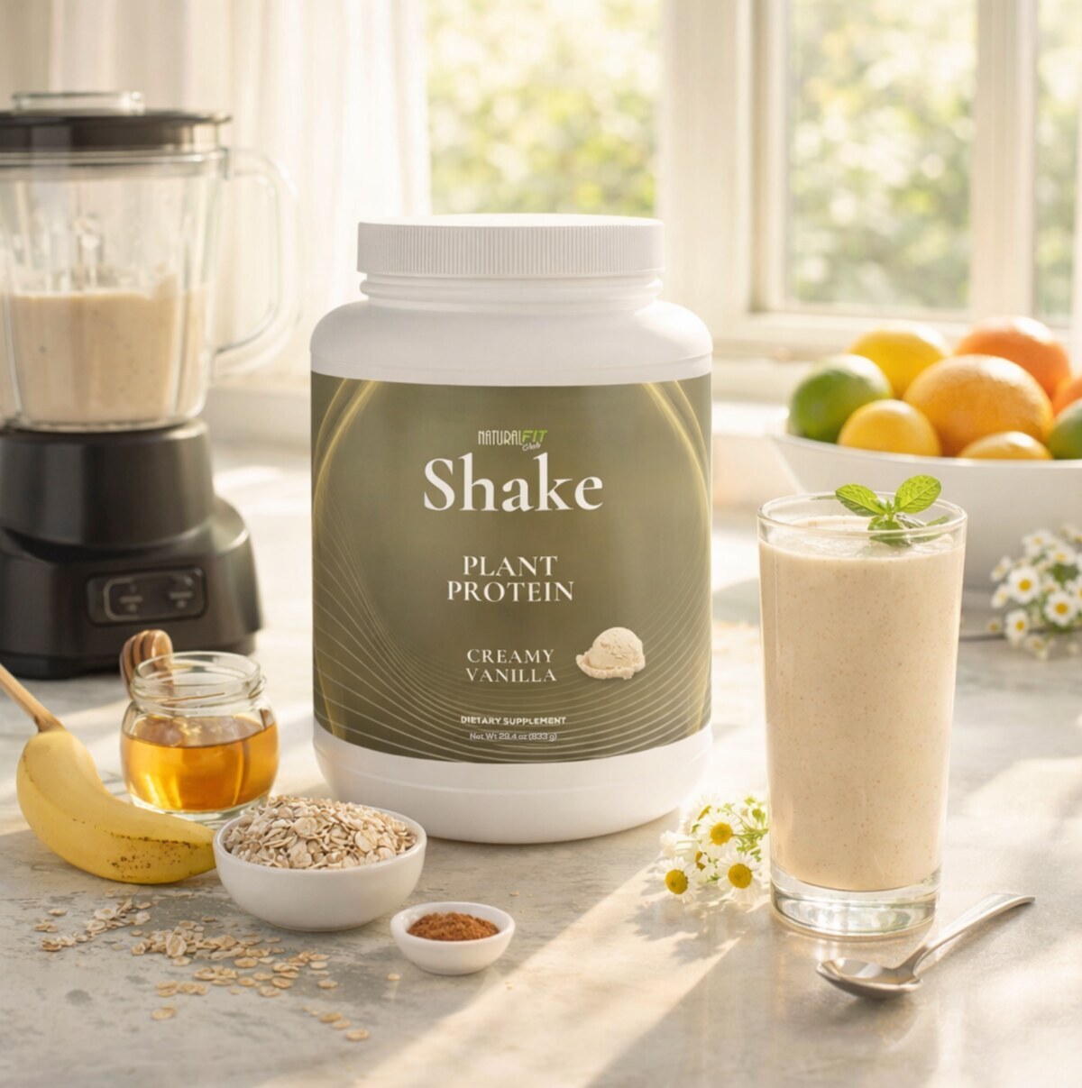 Natural Fit Club SHAKE Vanilla plant protein tub with vanilla cookies — wholesome ingredients, clean label, no artificial flavors